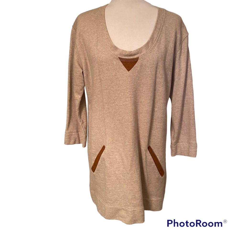 SOFT SURROUNDINGS TOP TUNIC SWEATSHIRT SCOOP NECK 3/4 SLEEVE TAN BROWN SIZE S